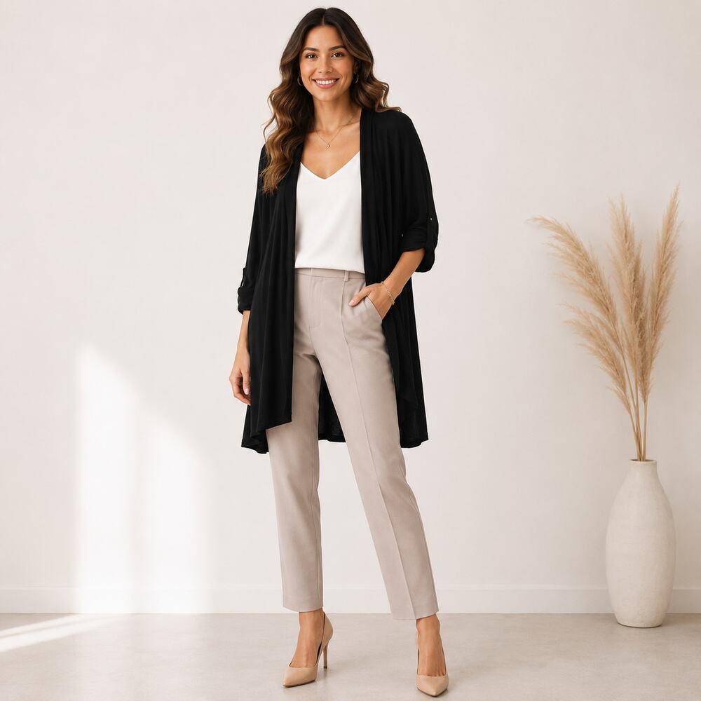 Susan Graver Lightweight Sweater Cardigan Women's Size L Black Minimalist Casual